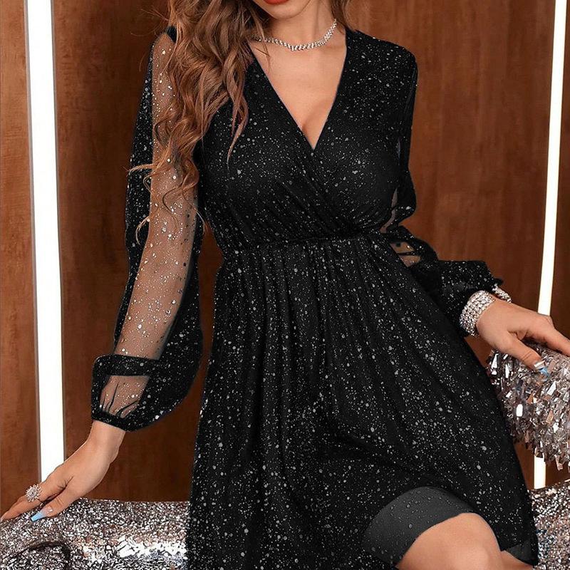 GMXIA Elegant Dress Mesh Sprinkles Pure Colour Seven Sleeve V-Neck Splicing Women's Midi Dresses