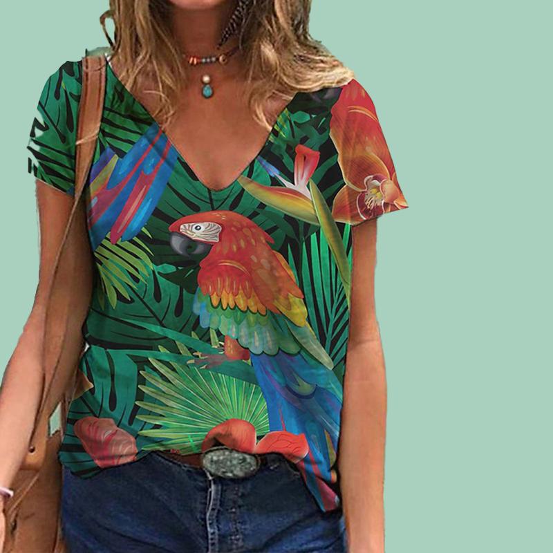 

Женский топ с v-образным вырезом и короткими рукавами с принтом попугая, свободная футболка, повседневная рубашка 5XL красный