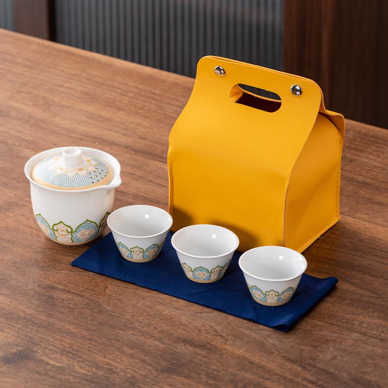 High-end Guochao travel tea set, household high-end business gifts, light luxury, a pot of three cups, commemorative souvenir gifts