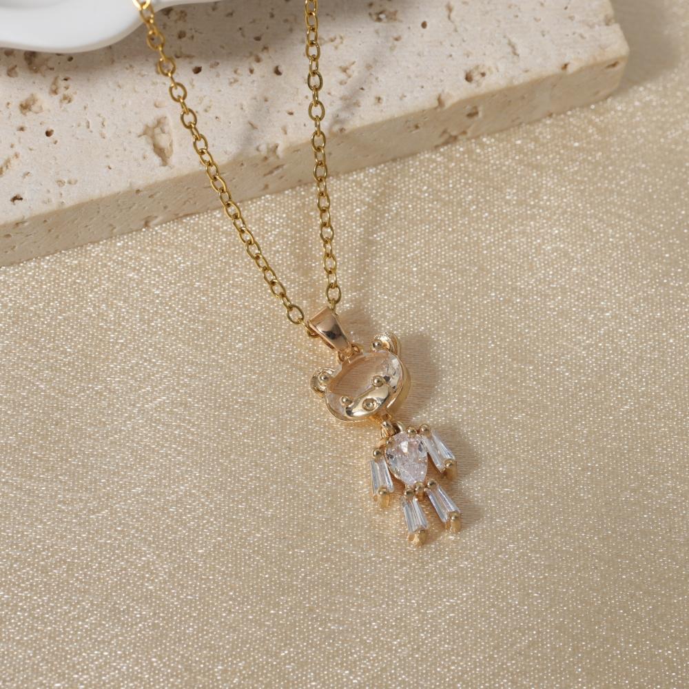 1 Piece Simple Artificial Crystal Bear Pendant Necklaces for Women Golden Stainless Steel Necklace Jewelry Daily Accessories