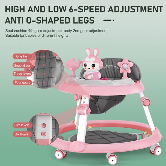 Foldable Baby Walker with Mute Wheels 7 Levels Height Adjustment Children Activity Walker Anti-Rollover Prevent Genu Varum Activity Center