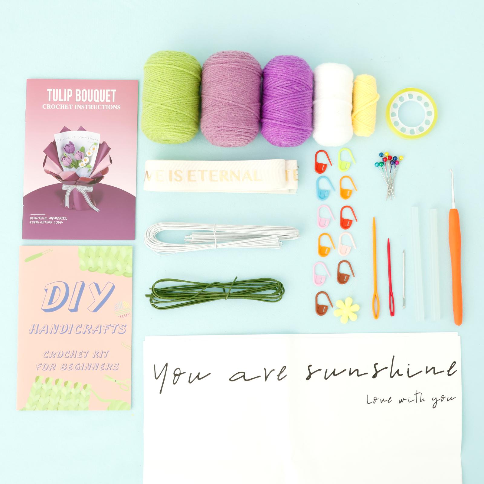 

Simulation Rose Tulip Knitting Starter Kit Easy to Finish Bright Color Flower Knitting DIY Craft Kit for Holiday Birthday