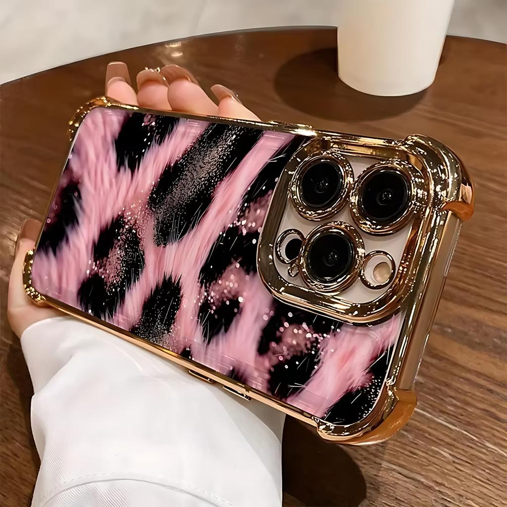 Pink Leopard Print Plating Phone Case for Oppo Realme C85 15T C71 C75 C55 C53 C30 C35 C33 C21 14 13 12 Pro Plus 4G 5G Anti-Fall