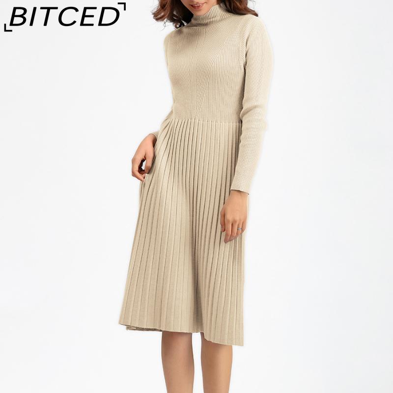 BITCED Women's Autumn Winter Plain Knitted Turtleneck Long Sleeve High Waist Sweater Dress