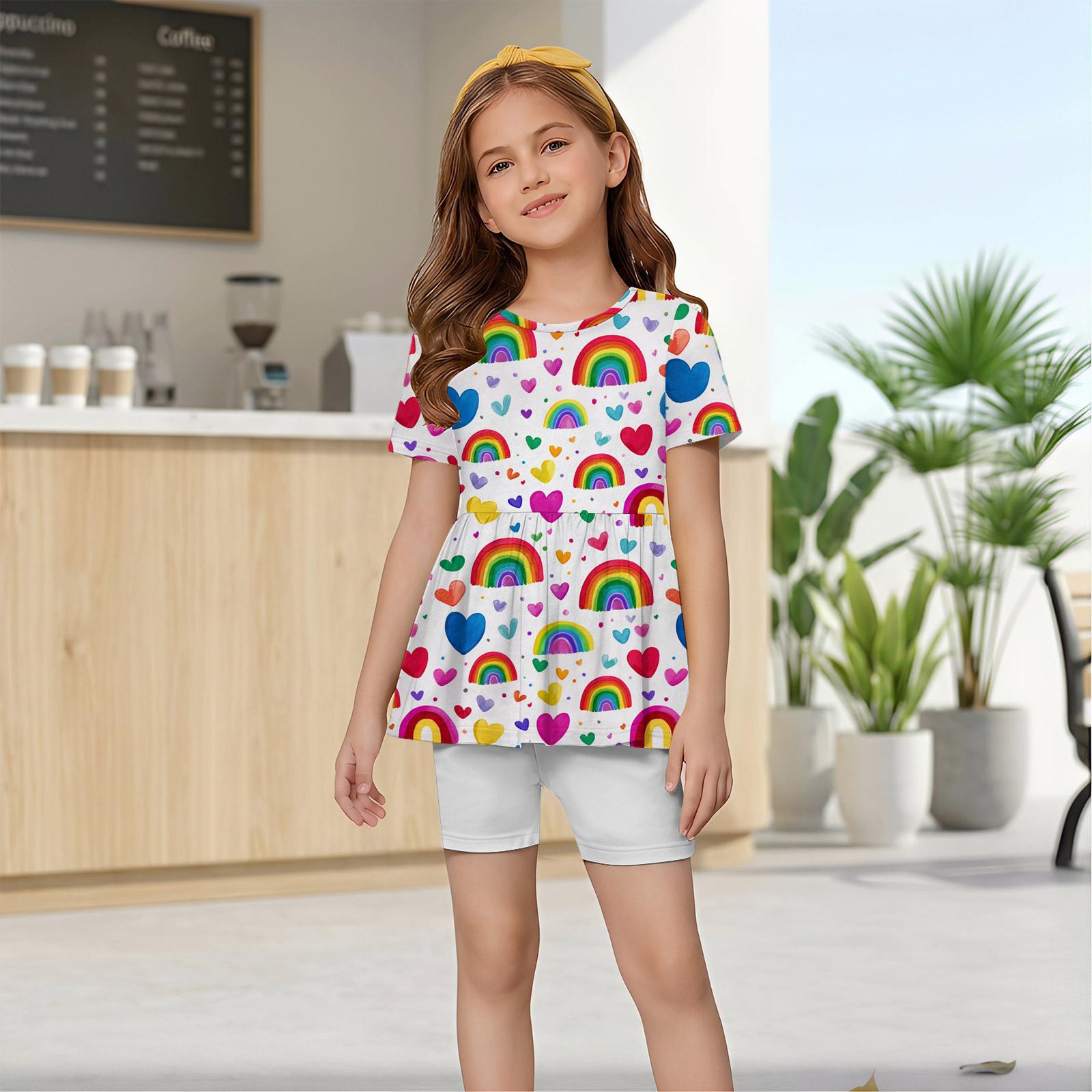 

Girls Summer Outfit Set Short Sleeve Ruffle Hem Top and Shorts Two Piece Lightweight Comfortable Design for Kids 160 розовый