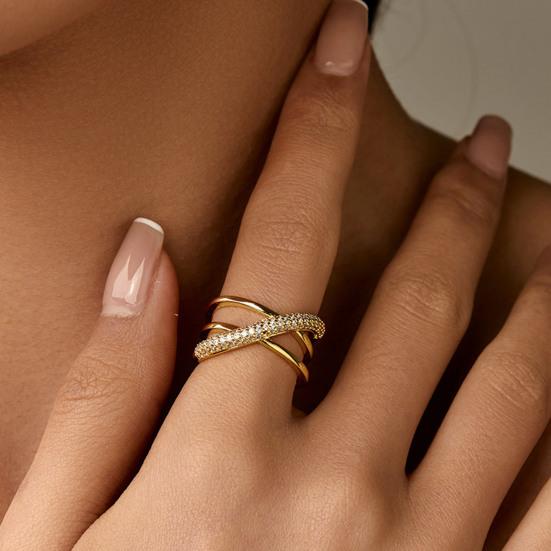 Finger Ring Adjustable Open Design Multi-Layer Interlaced Winding Shape Finger Band with Full Rhinestone Inlay Jewelry Gift