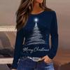 Women's Fashion Casual Slit Hem Round Neck Long Sleeve Loose Christmas Printed T-Shirt Ladies Top