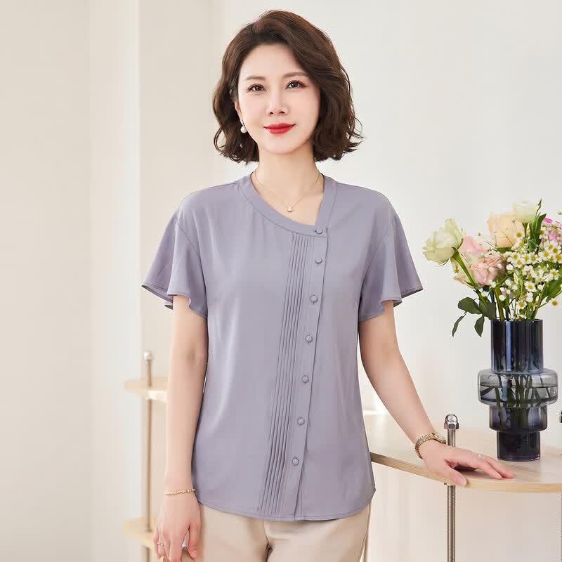 Women s Elegant Oblique Collar Ruffle Short Sleeve Blouse L