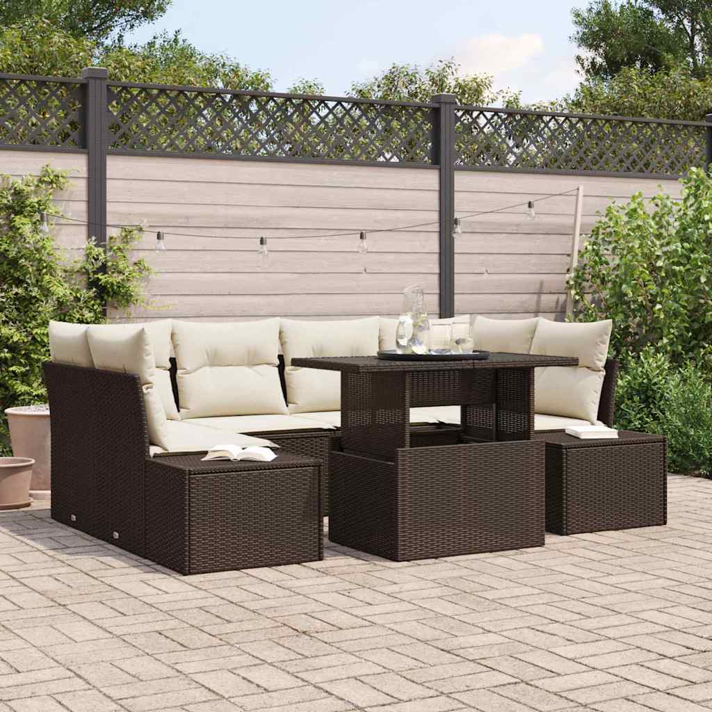7 Piece Sofa Set with Cushions in Brown and Cream Poly Rattan