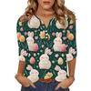 Top Camisa Feminina Fashion e Casual com Estampa de Coelho e Ovos de Páscoa, Gola V, Botões, Manga Três Quartos