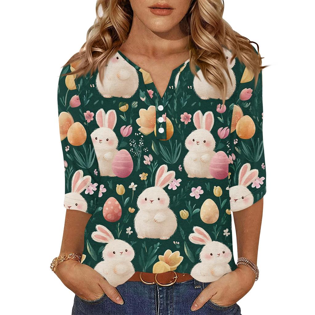 Top Camisa Feminina Fashion e Casual com Estampa de Coelho e Ovos de Páscoa, Gola V, Botões, Manga Três Quartos