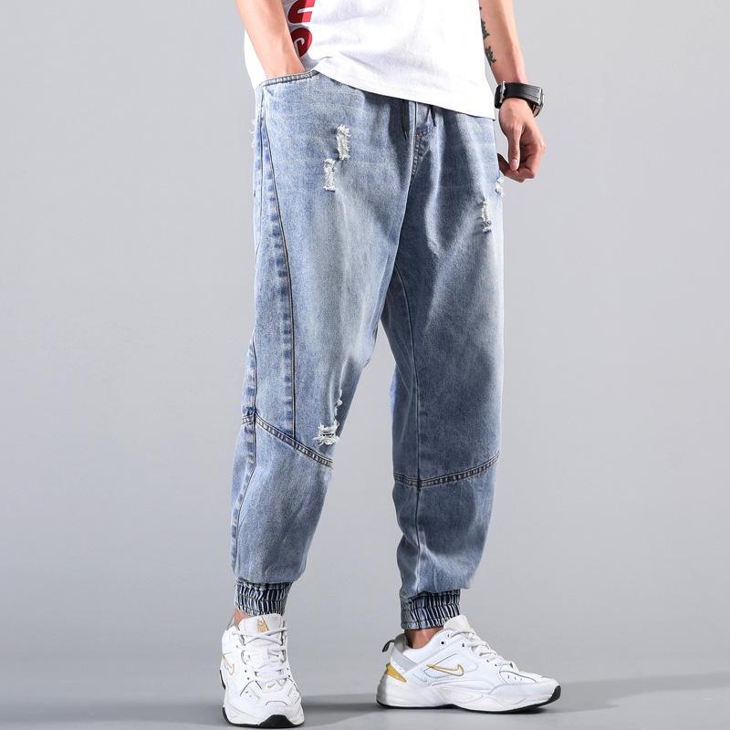 Elastic waist denim trousers men's pants new spring and autumn tide brand loose casual tied nine-point pants
