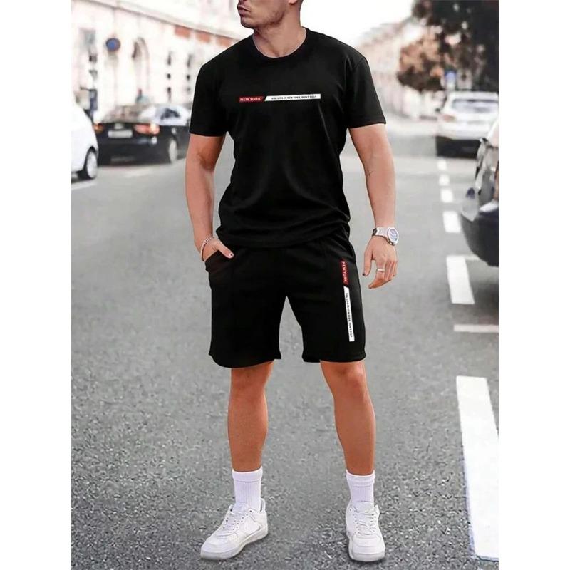 Hot selling summer American letter printed men's breathable round neck T-shirt shorts set outdoor street fashion two-piece set