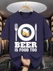 Unisex O Neck Tee Beer Tableware Letter Print Cotton Short Sleeve Loose Summer Street Breathable Daily Casual Basic Wear Top
