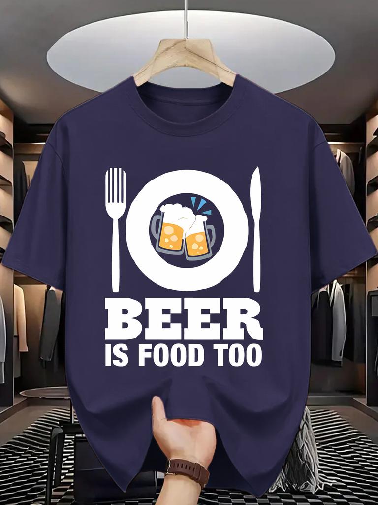 Unisex O Neck Tee Beer Tableware Letter Print Cotton Short Sleeve Loose Summer Street Breathable Daily Casual Basic Wear Top