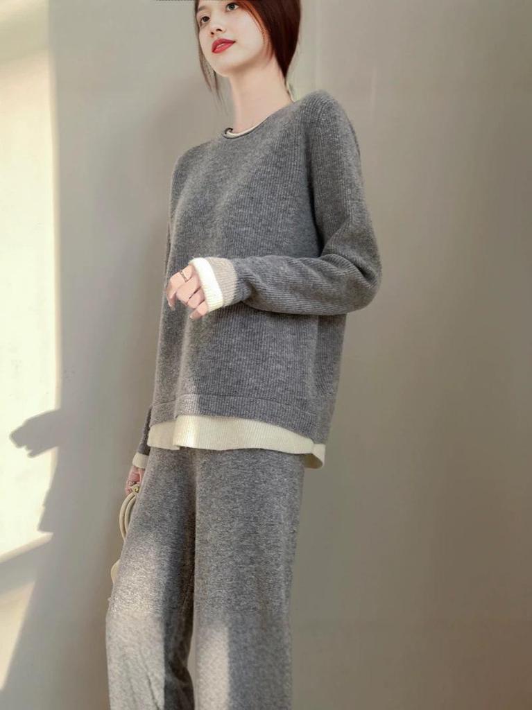 Women's 100% Wool Suit: Stylish Two-Piece Autumn/Winter Versatile Sweater & Pants Set