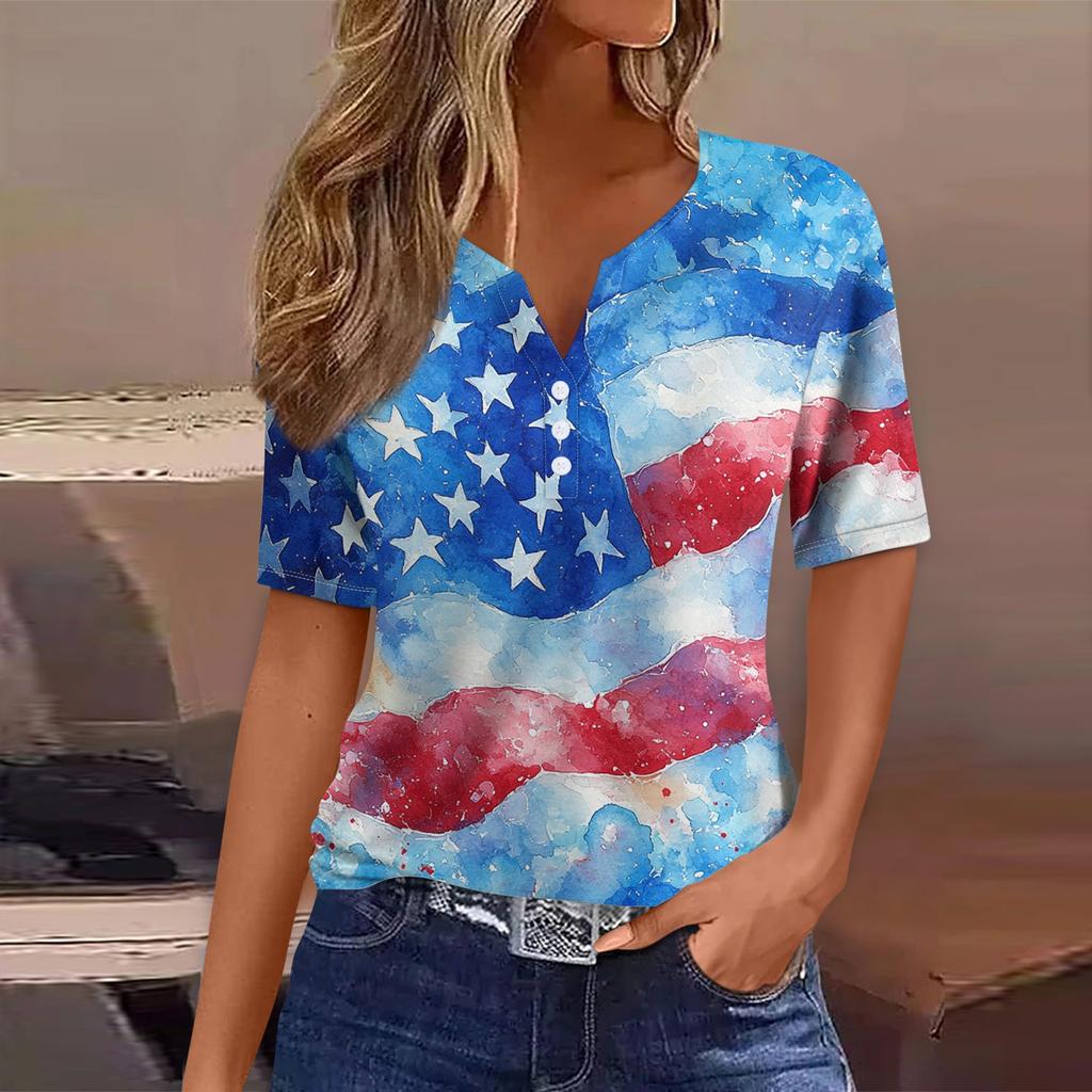 Women's T Shirt Tee Print Button Short Sleeve Daily Weekend Fashion Basic V- Neck Regular Top