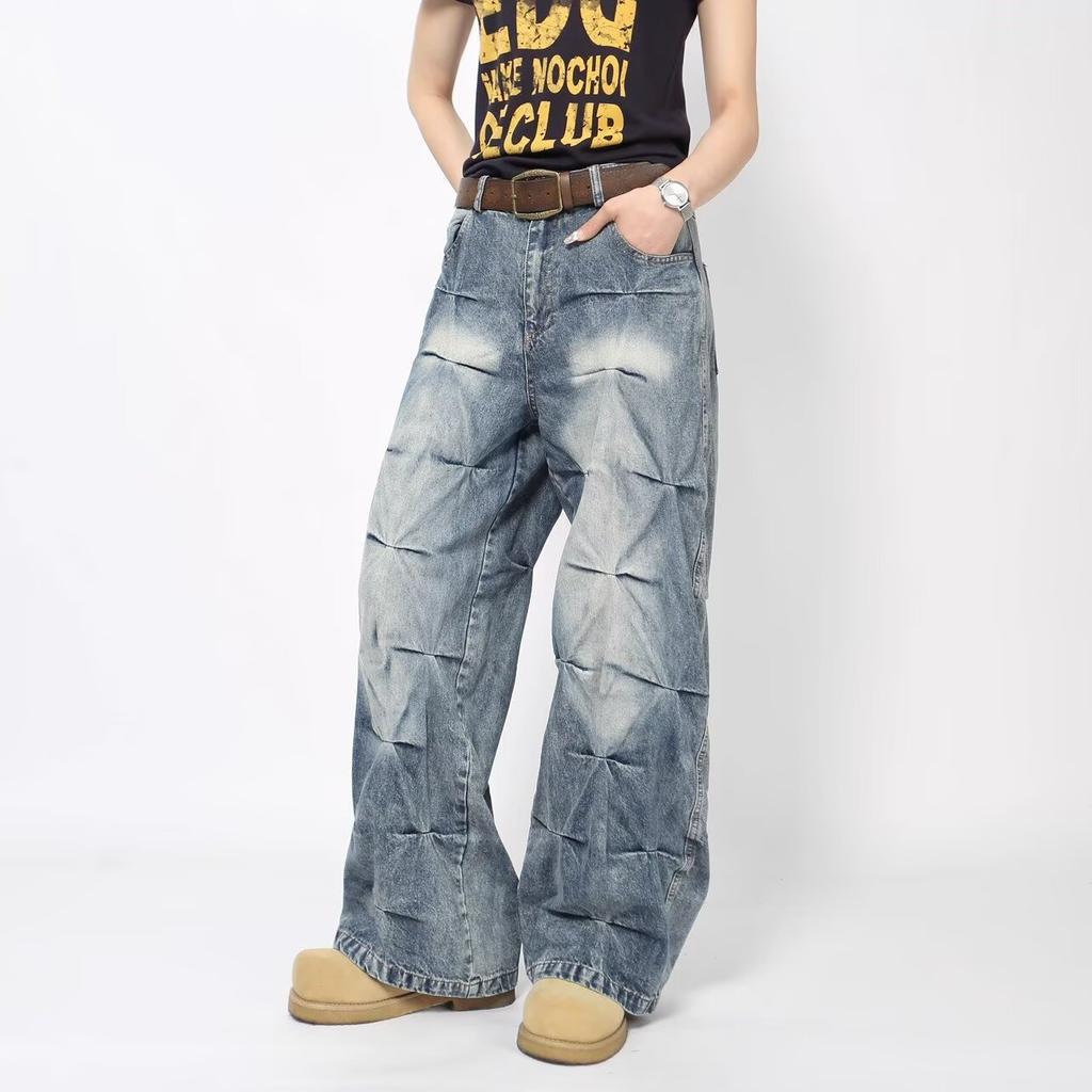 Jeans Larghi Unisex a Vita Media Deostrutturati Vestibilità Larga Vintage Americano Lavato Baggy in Denim Pantaloni Rilassati Lunghi Fino a Terra