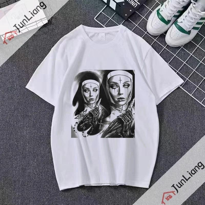 Smoking and Drinking Nuns Religious T-shirt, Cute Unisex T-shirt Short Sleeved Summer Crew-neck Plus Size Breathable Clothing
