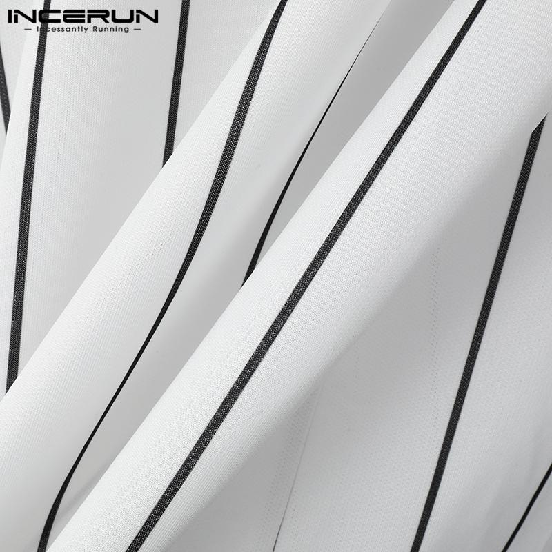 INCERUN Men Collarless Striped Short Sleeve Buttons T-shirts Stitching Summer Tops