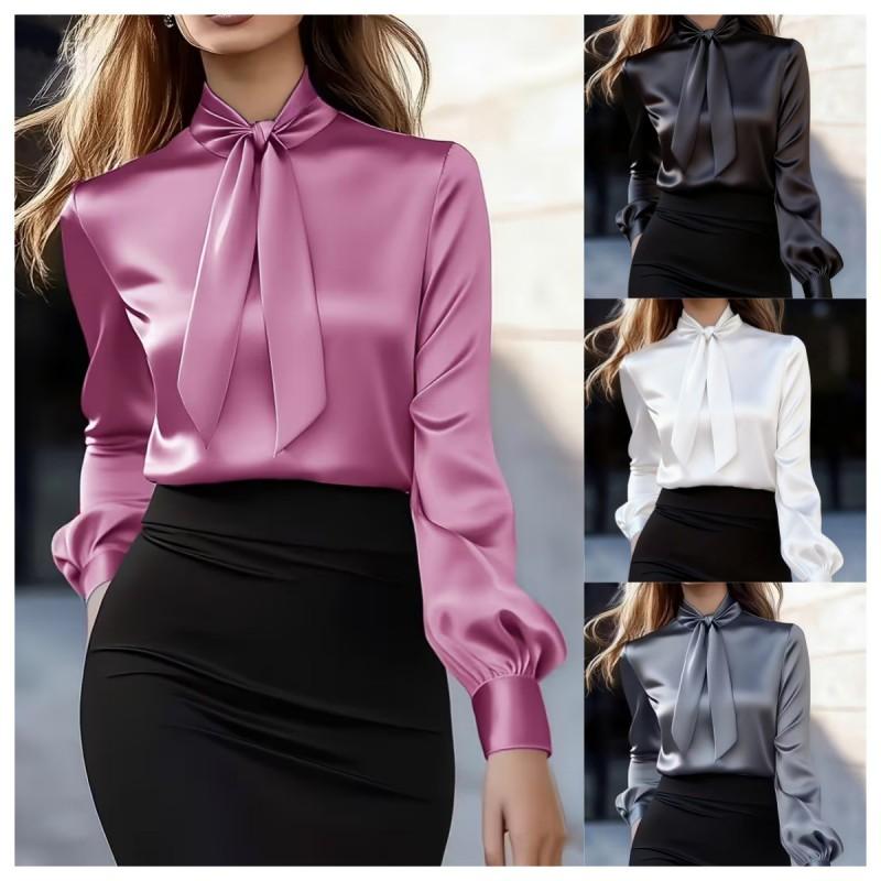 Elegant Satin Long Sleeve Blouse Women Pure Color Office Wear With Flared Collar Patchwork Detail