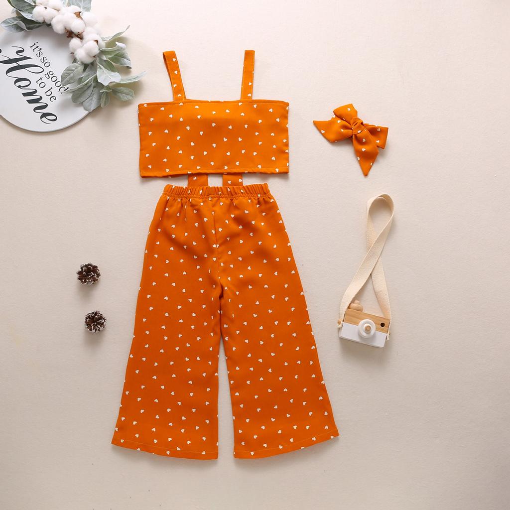 Toddler Kids Baby Girls Love Print Bow Suspender Vest Pants Outfits Set