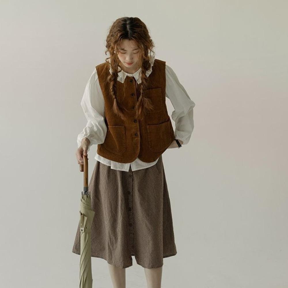 All Match Vintage Corduroy Vests Brown Cropped Sleeveless Jacket Button-up Short Coats  Ladies