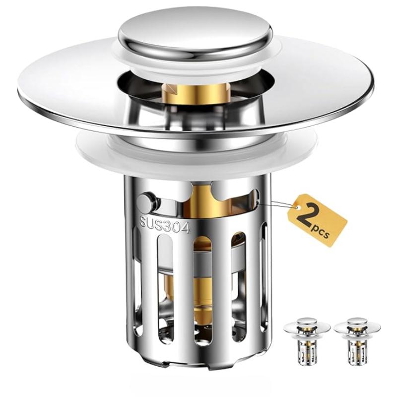 

(2 Pc) Bathroom Sink Stopper-All Metal Sink Stopper-Universal Fit 99% Bathroom Sink Stopper with Removable Stainless Steel Hair Catcher-Bathroom Sink срібний