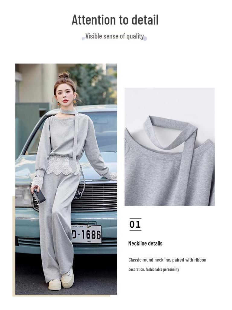 2025 Stylish Lace Patchwork Sweatshirt & Pants Set for Spring/Autumn