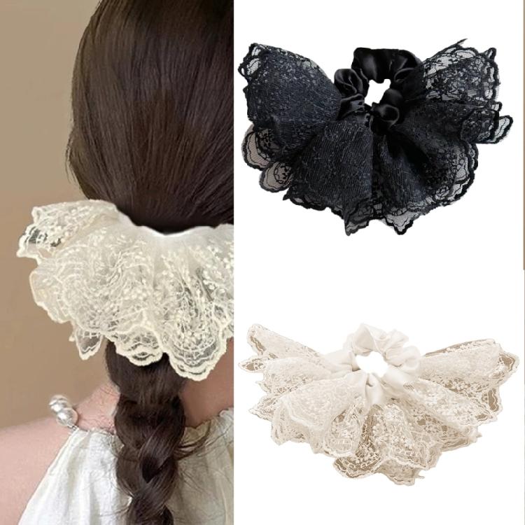 Eye Catching Lace Hairband Voluminous Double Layer Ruffled Concealed Elastic Hair Tie For Effortless Low Ponytails