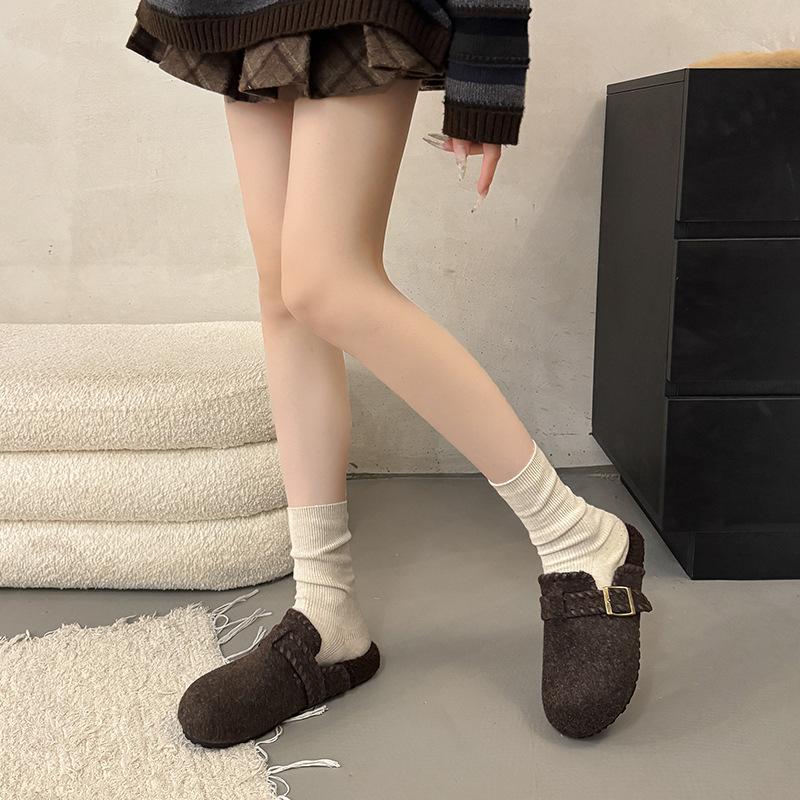 Retro fluffy bag head half slippers for women to wear autumn and winter new thick-bottomed piled cotton slippers