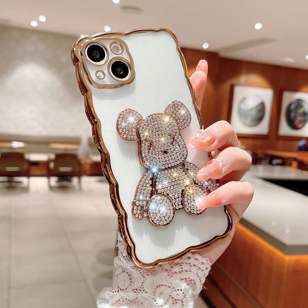 Aplicable a la funda para teléfono móvil IPhone16Pro Borde ondulado Electrochapado Apple 15 Oso violento con diamantes 14 Funda de protección de cobertura total
