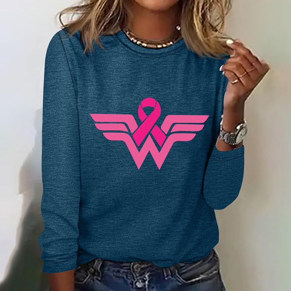 Dámské módní tričko s dlouhým rukávem a potiskem symbolu růžové stužky, podzimní, bavlněné, s kulatým výstřihem, volné topy