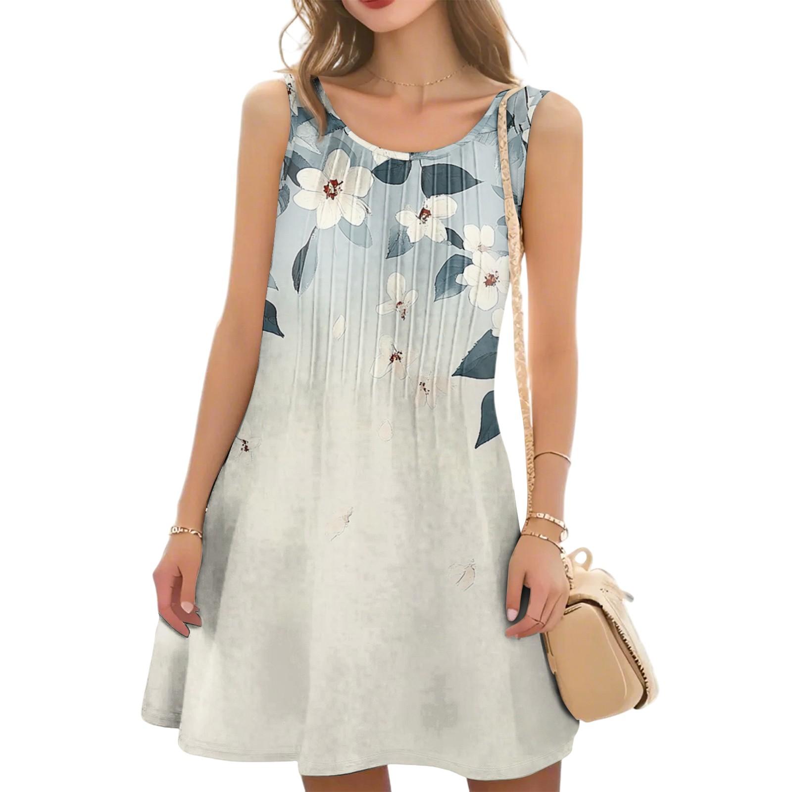 Women s Casual Fashion Floral Print Round Neck Sleeveless  Dress XXL