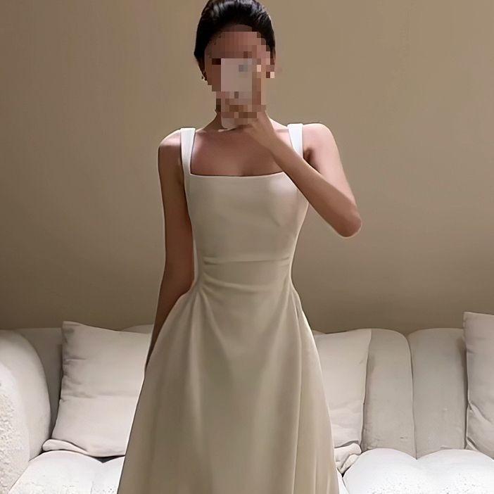French elegance celebrity temperament square neck dress niche waist thin suspender skirt summer