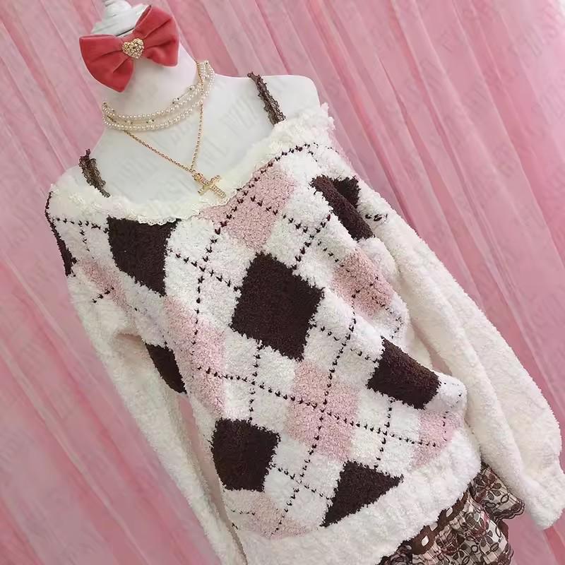 Trendy Plaid Knit Off-Shoulder Ruffle Sweater