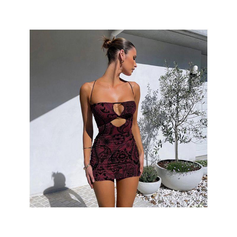 Western Style Ins Gyaru Retro Print Hollow-out Sexy Sling Dress Women Slim Fit Slimming Sheath Short Skirt