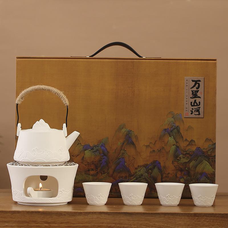 Brewing with Four Cups Teapot, Warm Device, Thousand Miles of Rivers and Mountains Cultural Creative Tea Set, Ou