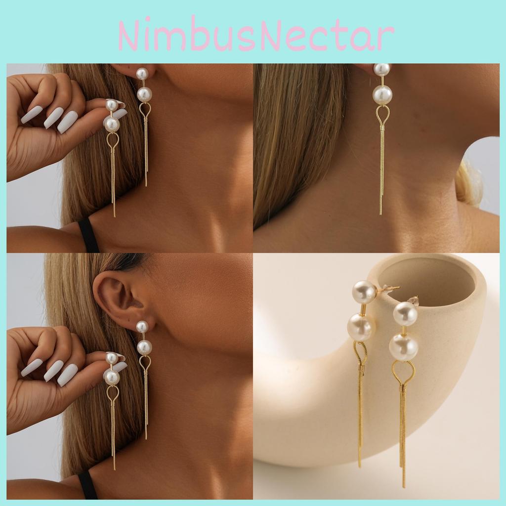 Long Chain Faux Pearl Earrings For Women Gold Plated Geometric Design