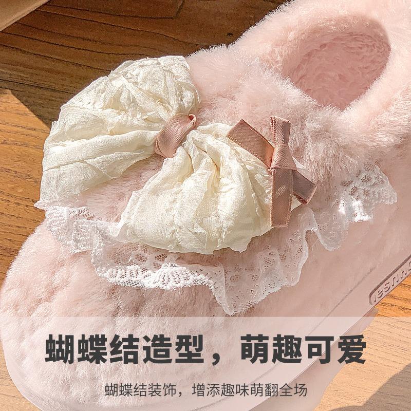 Bow Cotton Slippers Women's Winter Indoor Home Thick Bottom Non-slip Velvet Bag Heel Cotton Shoes Women's Winter