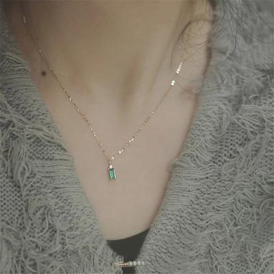 925 Sterling Silver Plating 14k Gold European Simple Square Green Crystal Pendant Clavicle Chain Necklace Women Fashion Jewelry