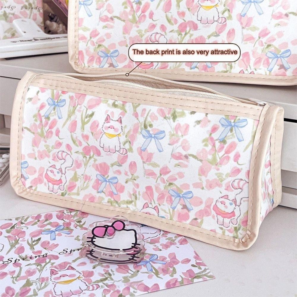 Cute Tulip Cat Bow Pen Bags Transparent Student Stationery Organizer Cartoon Pencil Case  Gifts