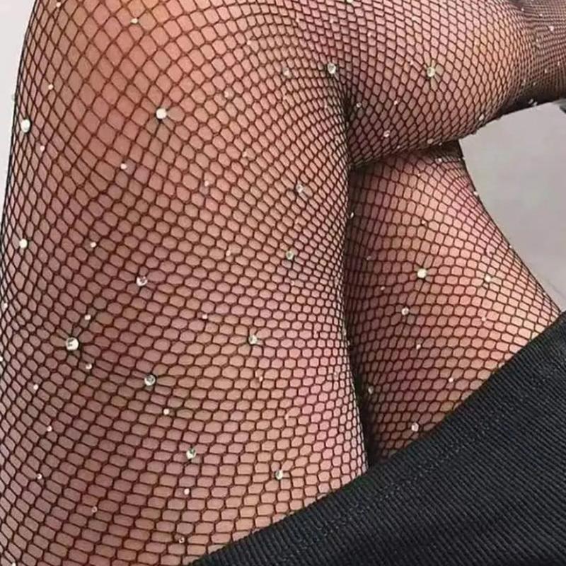 

1 Pair Rhinestone Fishnet Stockings designed for Women Black Sexy Ultra Sparkly High Waist Tights Female Party Leggings Ds1155 One Size