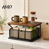 Multi Tier Storage Shelf Coffee Station Organizer with Drawer, Tiered Bar Organizer, Wooden Top Shelf, Capsule Wire Mesh Drawers for Tea Bags,