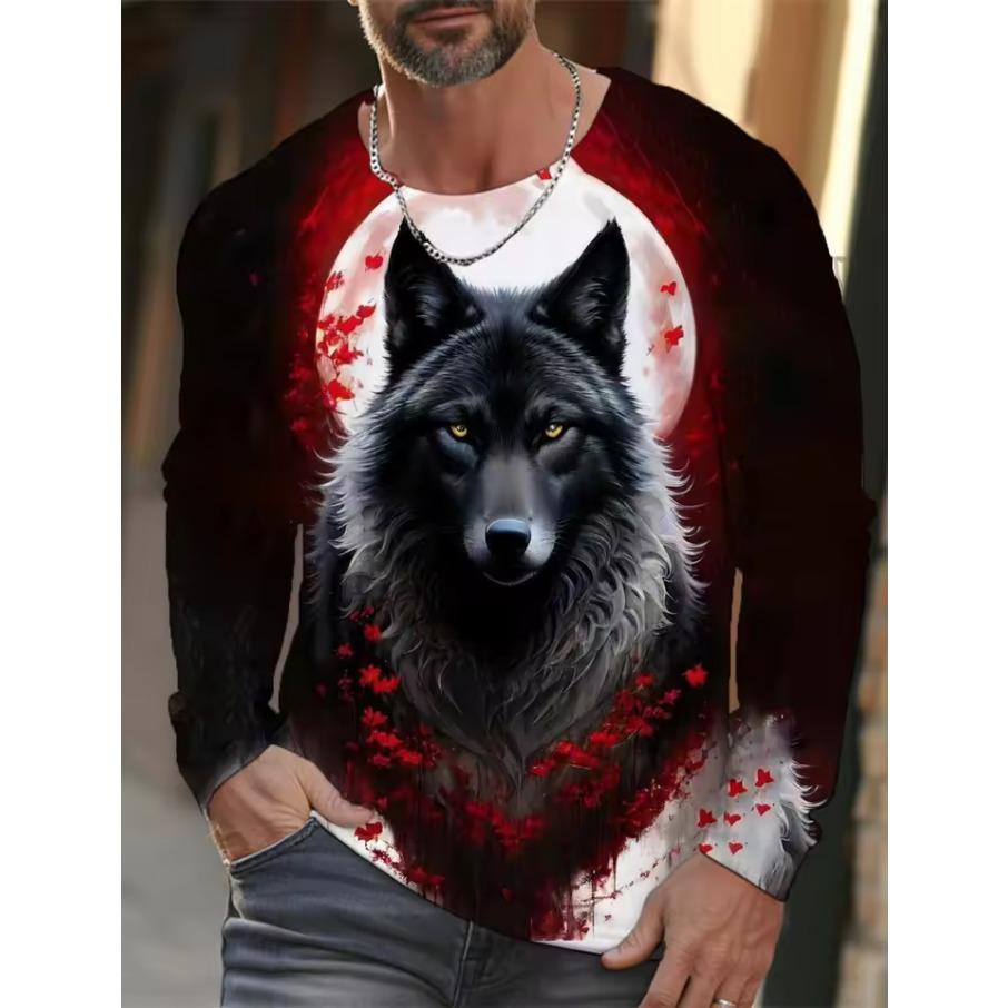 Wolf Graphic Men's Long Sleeve T-shirt for Men Clothing Casual Top Tee Shirt Fashion Animal 3D Full Printing Streetwear