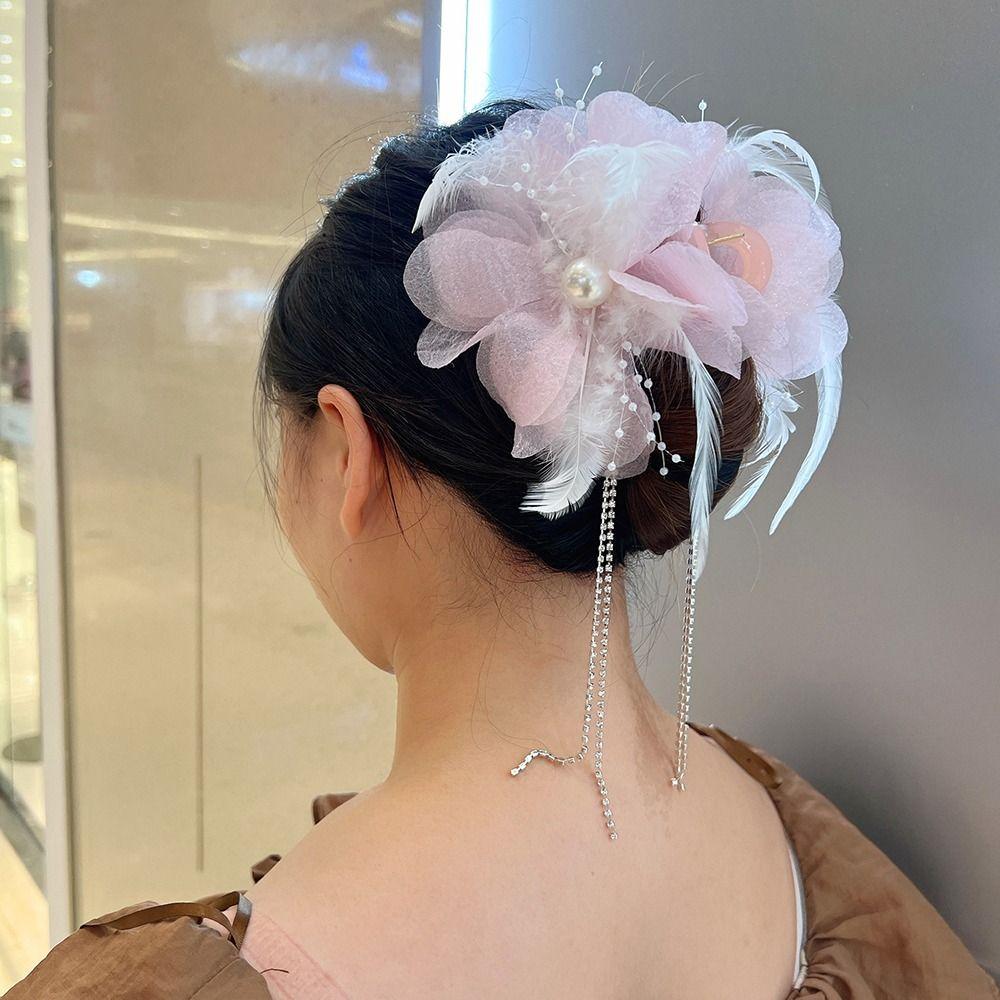Cloth Hair Claw Feather Flower Tassel Hairgrips Headwear Elegant Grasping Clip  Party