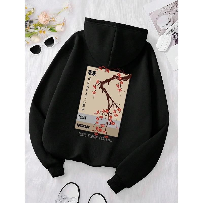 

Сегодня Завтра Фестиваль цветов в Токио Толстовка Мужчины Женщины Повседневный Теплые Толстовки Модная Свободная Одежда Флисовый Пуловер Толстовка Пара S чёрный