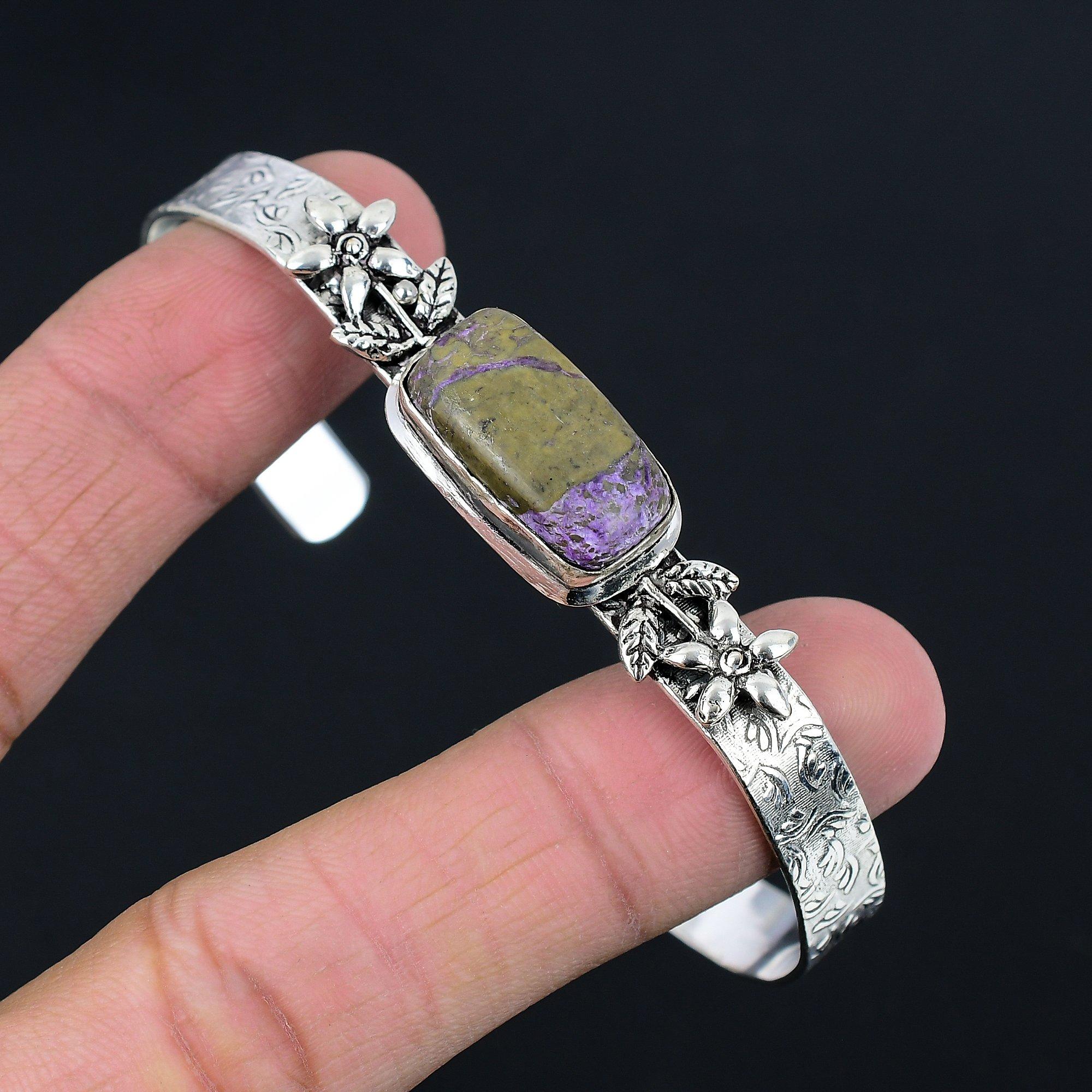 

925 Silver Radiant Natural Purpurite Wife Flower Anniversary New Bangle Bracelet Adjustable