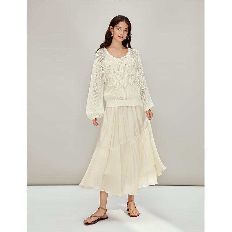 INMAN Women's Bohemian Embroidered Drop-Shoulder V-Neck Knit Sweater