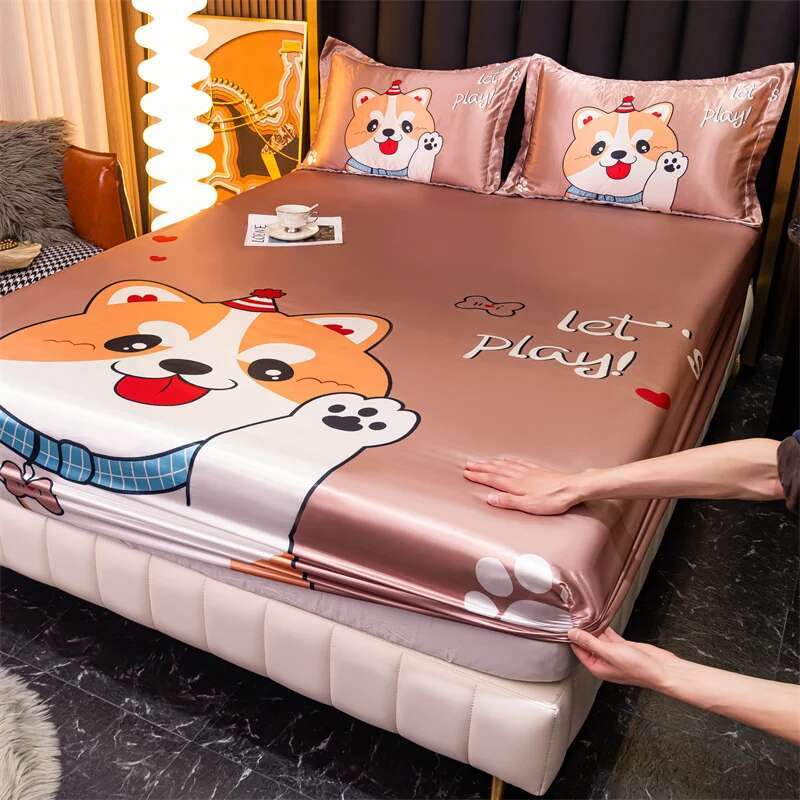 Ice Cooling Fitted Sheet - Cartoon Printed Funda De Colchón For Queen/King Beds, Smooth Kids Bed Protector (No Pillowcase)